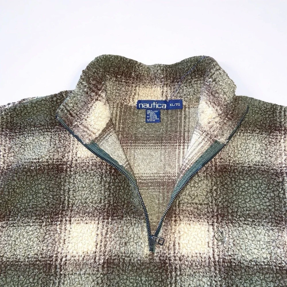 Nautica Men's XL Plaid Quarter Zip Fleece Pullover Brown Gray Outdoor